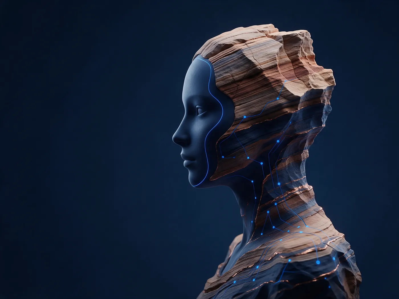 The ABRAJRUM digital character: a face carved from layered Rum sandstone with blue circuit lines