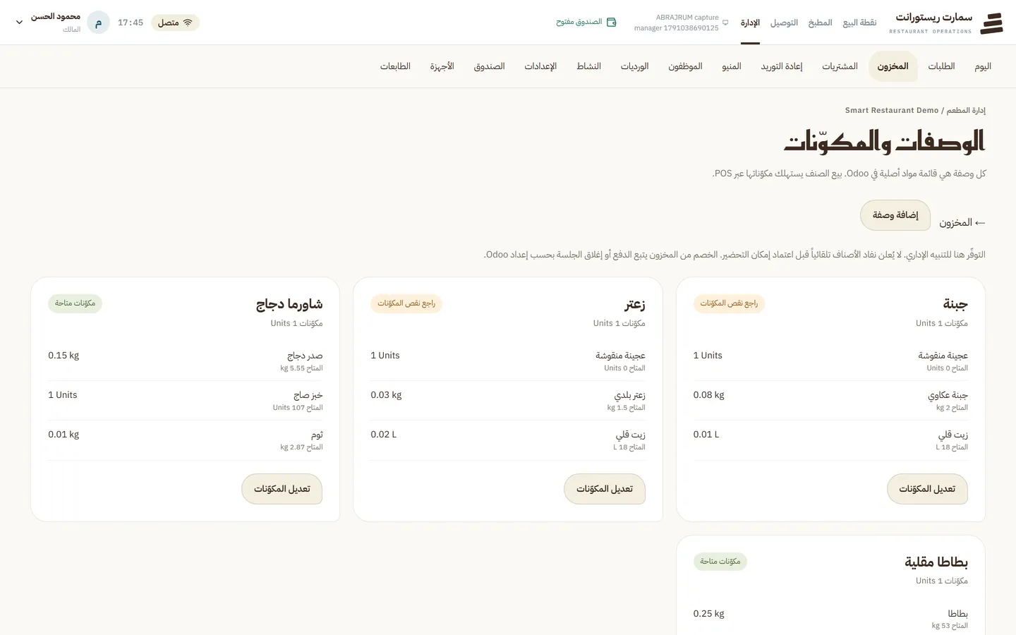 الوصفات ومكونات كل صنف