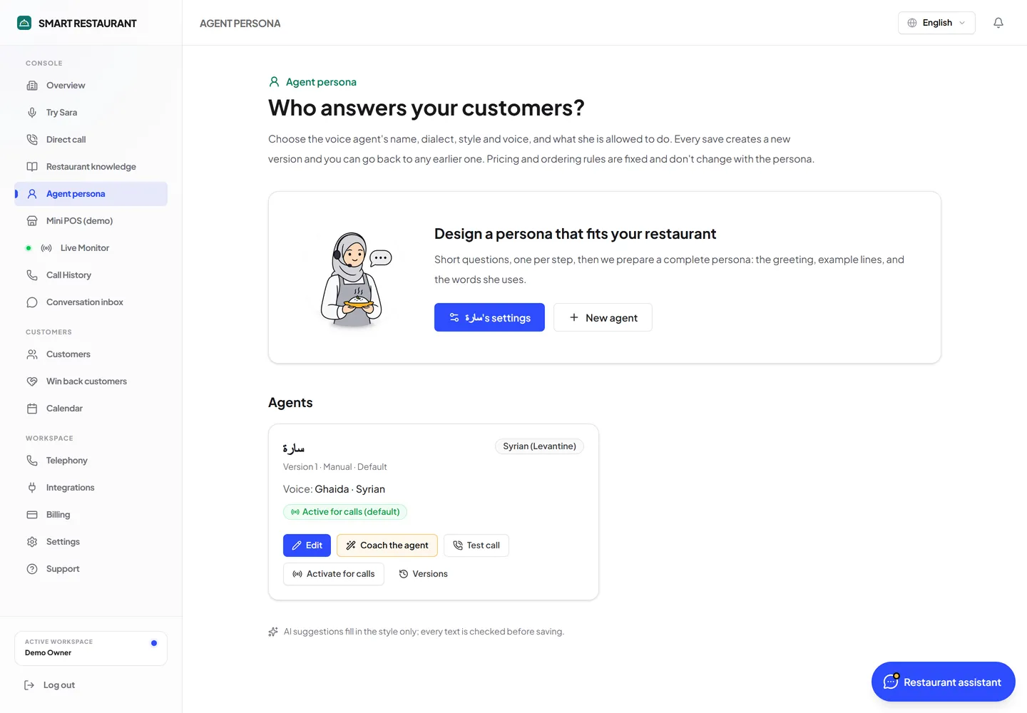Agent persona and settings screen