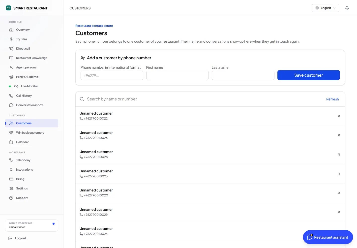 Customer list with test numbers