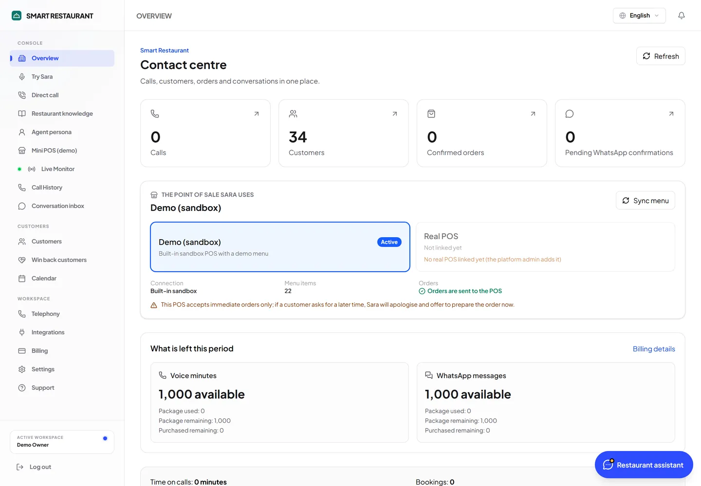 Restaurant dashboard: communication hub and the POS used by the agent