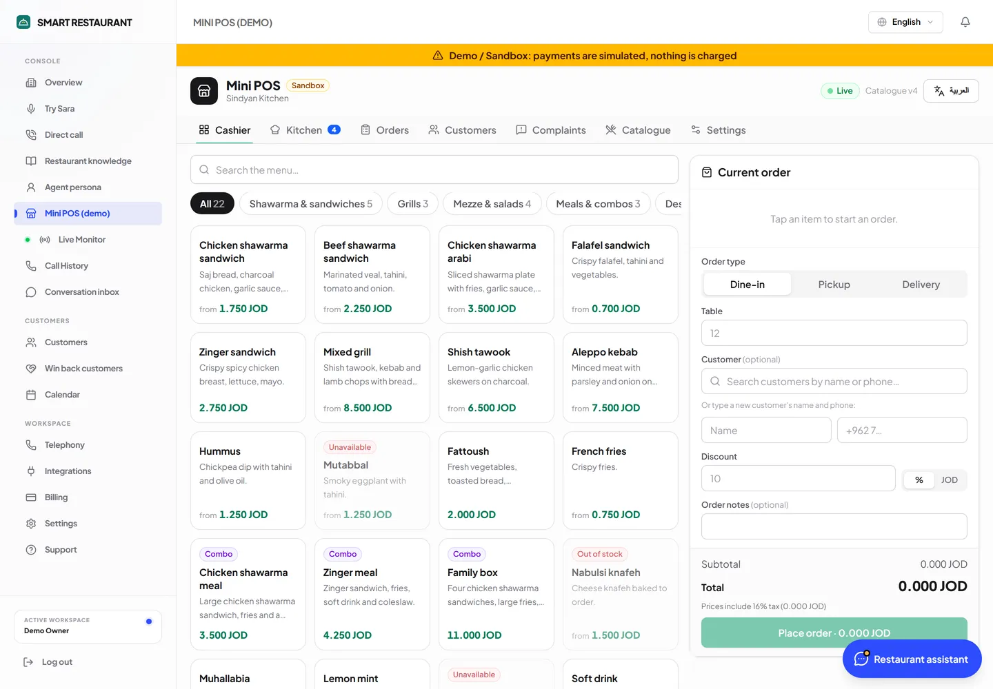 The built-in demo POS inside the dashboard