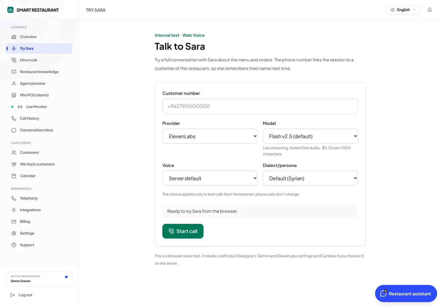 Agent voice test with provider and dialect choice
